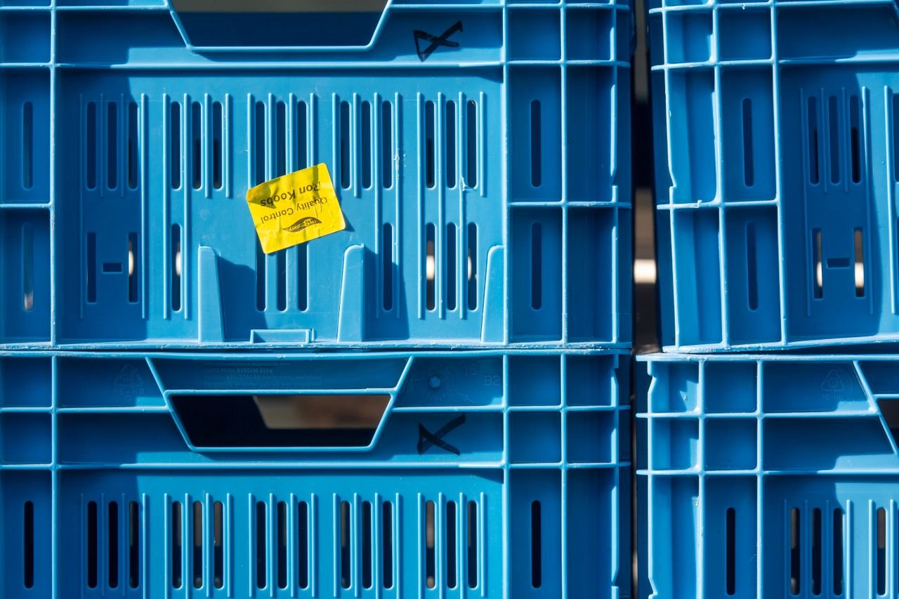 Crafting Captivating Headlines: Your awesome post title goes here Close-up of stacked blue plastic crates with a quality control label.